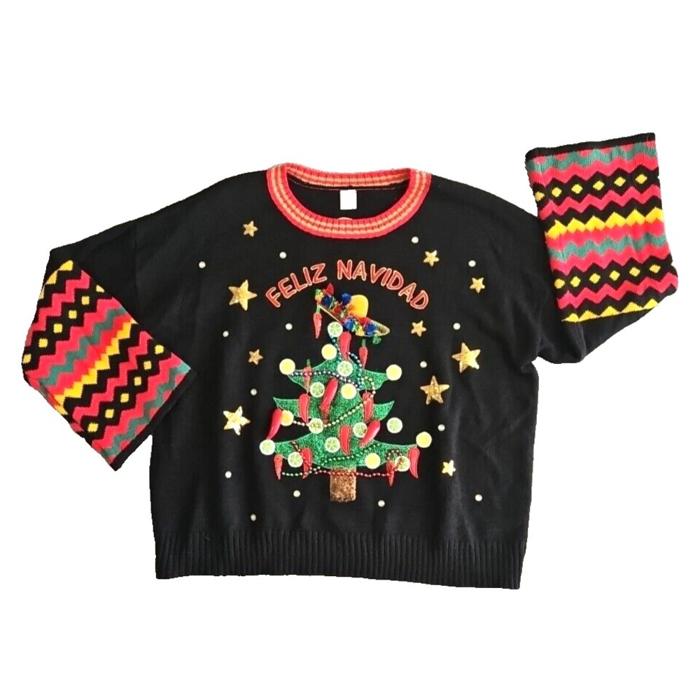 Holiday Time Feliz Navidad Ugly Christmas Sweater Hot Pepper Tree EUC Women 2XL